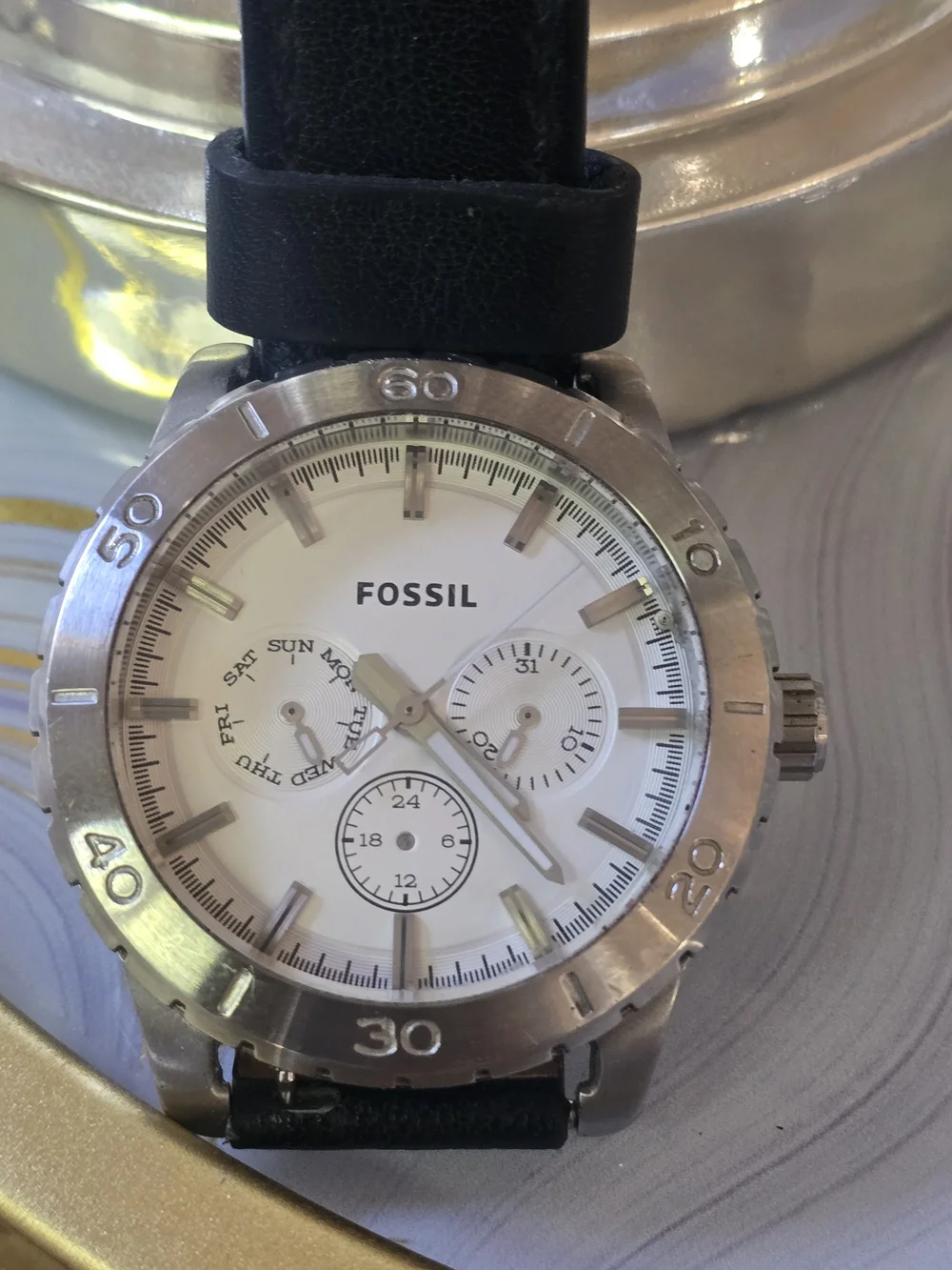 Fossil Men's Black Leather Strap Chronograph Watch - White Dial Missing Hands